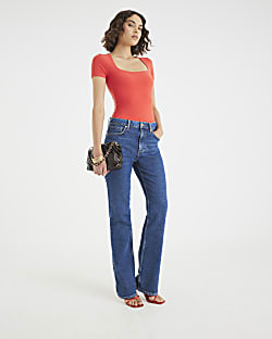 Orange Short Sleeve Square Neck Top