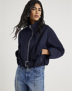 Navy Belted Bubble Hem Jacket