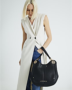 Black Branded Eyelet Slouch Shoulder Bag