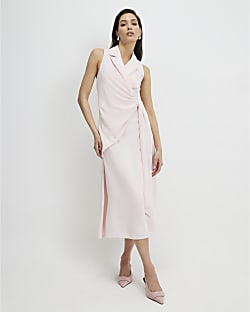 Pink Knot Front Wrap Midi Dress