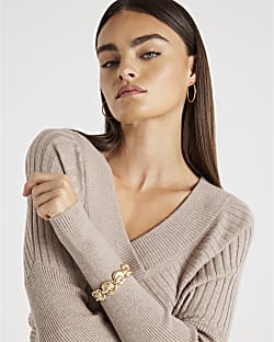 Beige Knitted V Neck Ribbed Jumper