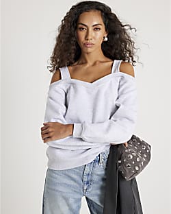 Grey Cut Away Cold Shoulder Detail Sweatshirt