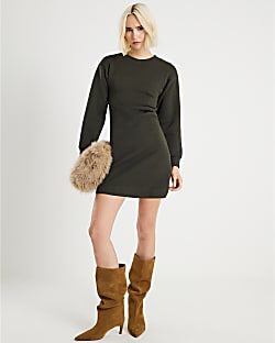 Khaki Drape Sweatshirt Dress