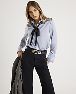 Blue Satin Tie Detail Long Sleeve Shirt