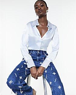 Blue Satin Embellished Collared Shirt