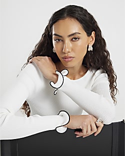 White Knitted Scallop Trim Detail Top