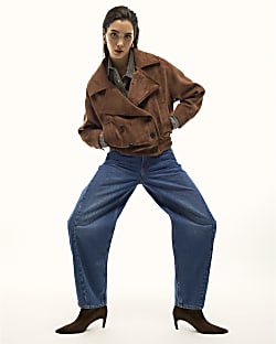 Brown Faux Suede Dropped Bomber Jacket