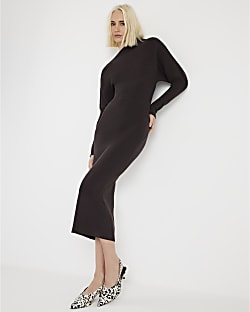 Brown Knitted Off Shoulder Midi Dress