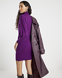 Purple Knit Fitted Waist Jumper Dress