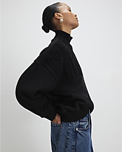 Black Knit Mix Roll Neck Sweatshirt