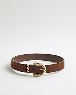 Brown Twisted Buckle Suede Belt