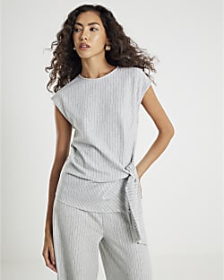 Grey Short Sleeve Pinstripe Tie Detail Top