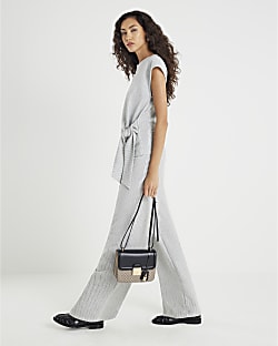 Grey Drawstring Pinstripe Wide Leg Trousers