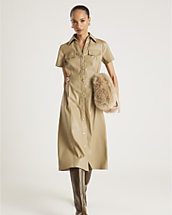 Beige Faux Leather Midi Shirt Dress