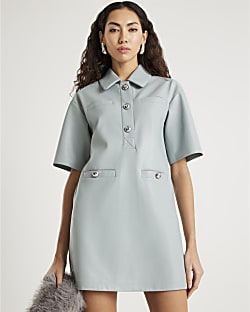 Blue Faux leather Pocket Detail Shirt Dress