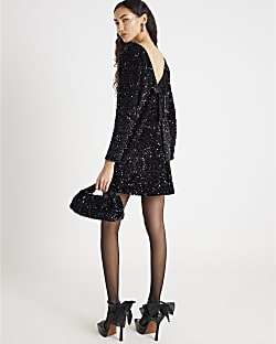 Black Sequin Embellished Bow Back Mini Dress