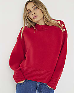Red Button Neck Jumper