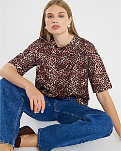 Brown Neoprene Leopard Print Boxy T-shirt