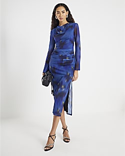 Blue Long Sleeve Swirl Print Midi Dress