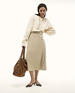 Cream Faux Leather Belted Pleated Midi Skirt