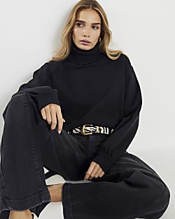 Black Roll Neck Hybrid Knit Sweatshirt