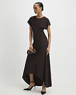 Brown Short Sleeve Cinched Waist Maxi Dress