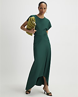Green Short Sleeve Cinched Waist Maxi Dress