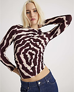 Red Ruched Wavy Print Mesh Top