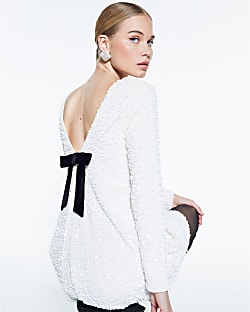 White Sequin Velvet Bow Back Mini Dress