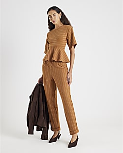 Beige Pinstripe Tapered Trousers