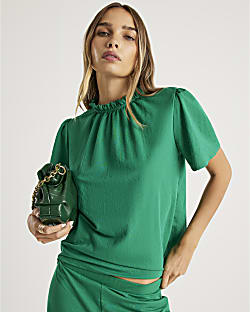 Green Linen High Neck Ruched Top