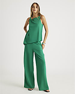Green Linen Wide Leg Trouser