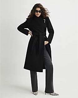 Black High Neck Wrap Belted Coat