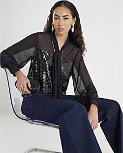 Black Sequin Pussybow Top