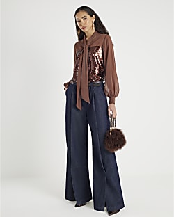 Brown Sequin Pussybow Top