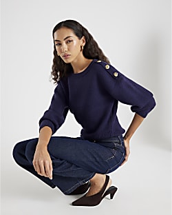 Navy Knitted Structured Sleeve Jumper