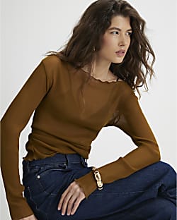 Brown Mesh Long Sleeve Ruched Top