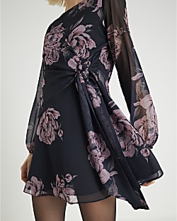 Black Floral Long Sleeve Knot Mini Dress