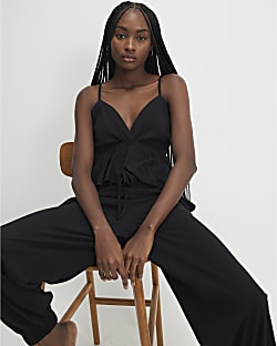 Black Balloon Trouser and Cami Loungewear Set | River Island