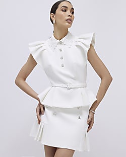 White Diamante Pleated Mini Skirt