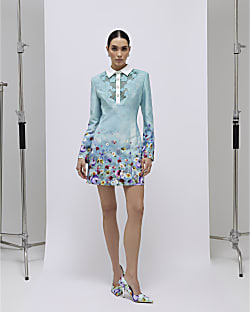 Green Floral Lace Trim Collared Mini Dress