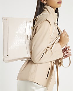 Cream Chain Handle Embossed Tote Bag
