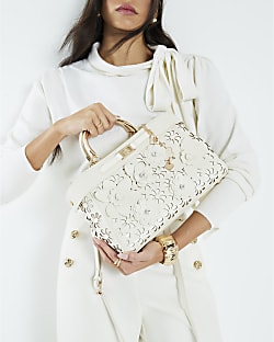 Cream 3D Floral Laser Cut Tote Bag