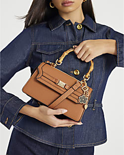 Brown Small Bamboo Handle Tote Bag