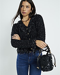 Black 3D Floral Laser Cut Bucket Bag