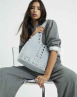 Blue Faux Suede Studded Shoulder Bag