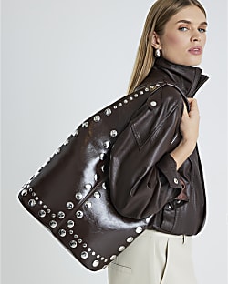 Brown Studded Seam Slouch Shoulder Bag