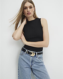 Black Sleeveless Wide Ribbed Tank Top