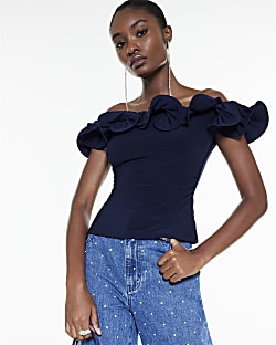 Navy Frill Bardot Top