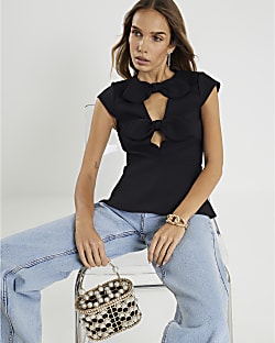 Black Plunge Neckline Bow Top